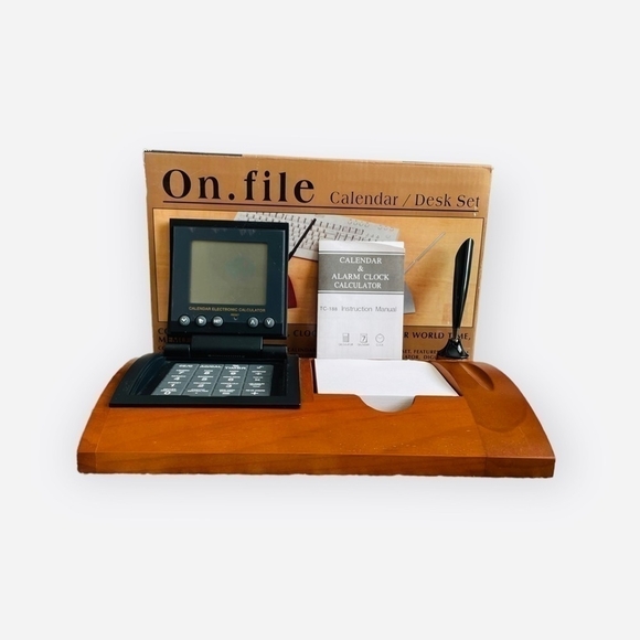 ON.FILE Brown Wood Desk Set Calendar Notepad Cards Holder Office Set - Picture 2 of 3